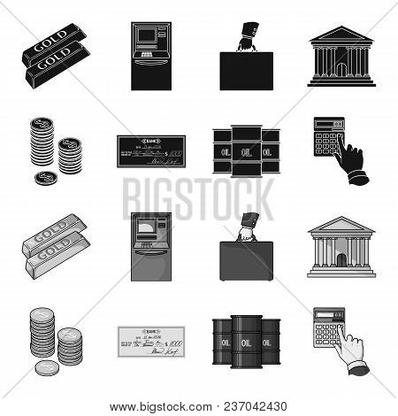 A Stack Of Coins, A Bank Check, A Calculator, Black Gold. Money And Finance Set Collection Icons In 