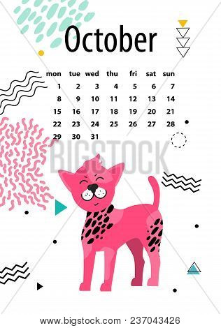 Calendar For October 2018 With Chinese Crested Dog That Has Bright Pink Fur With Black Spots And Fun