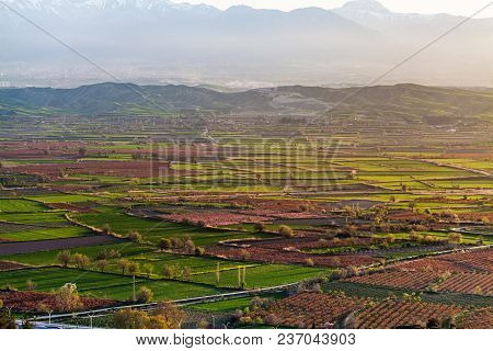 Aerial View Of Beutiful Sunset Over Green And Red Agricultiral Fields Near Pamukkale In Turkey