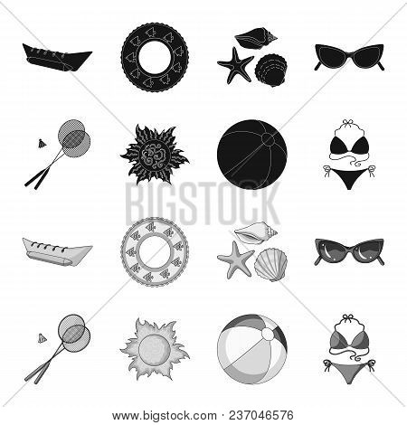 A Game Of Badminton, A Ball And The Sun.summer Vacation Set Collection Icons In Black, Monochrome St