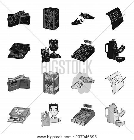 Package, Scales, Banana, Fruit .supermarket Set Collection Icons In Black, Monochrome Style Vector S