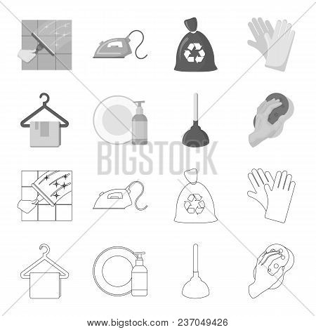 Cleaning And Maid Outline, Monochrome Icons In Set Collection For Design. Equipment For Cleaning Vec