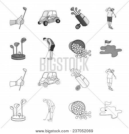 Stand For A Golf Club, Muzhchin Playing With A Club, Basket With Balls, Label With A Flag On The Gol