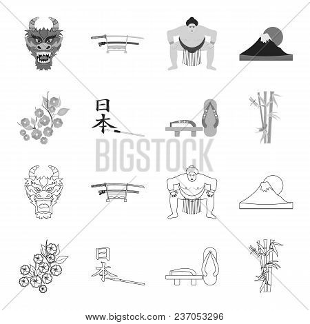 Geta, Sakura Flowers, Bamboo, Hieroglyph.japan Set Collection Icons In Outline, Monochrome Style Vec
