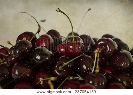 Beautiful Juicy Fresh Summer Cherries In A White Bowl On A Vintege Background