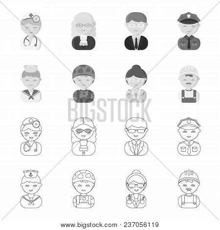 Sailor, Soldier, Scientist, Builder.profession Set Collection Icons In Outline, Monochrome Style Vec