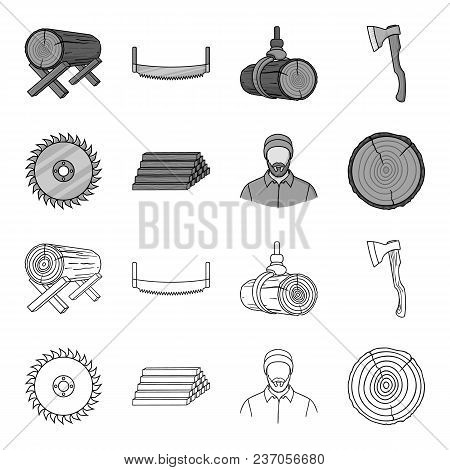 Circular Saw, A Working Carpenter, A Stack Of Logs. A Sawmill And Timber Set Collection Icons In Out