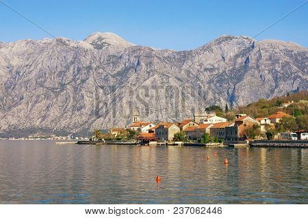 Sunny Mediterranean Landscape.  Montenegro, View Of  Bay Of Kotor ( Adriatic Sea ) And Seaside Villa