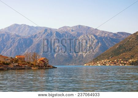 Beautiful Mediterranean Landscape.  Montenegro, Bay Of Kotor, Stoliv Village And In The Distance The