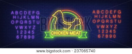 Vector Of Neon Alphabet And Chicken With Chicken Meat Lettering On Blue Brick Background. Restaurant