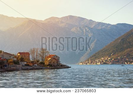 Evening Mediterranean Landscape.  Montenegro, View Of The Bay Of Kotor (adriatic Sea), The Village O