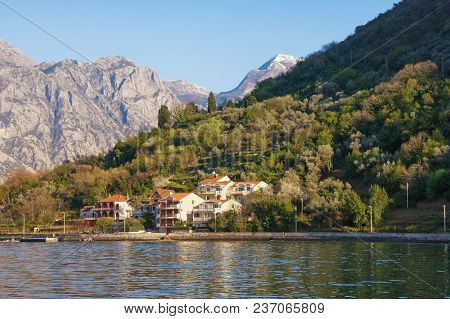 Mediterranean Landscape With Contrast Of Snow-covered And Green Mountains. Montenegro,  Bay Of Kotor