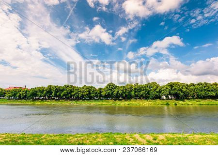 Embankment Of The River Uzh. Beautiful Summer Scenery. Longest European Linden Alley Under The Gorge