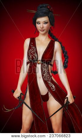 Asian Female, Fighter Posing With Sai Weapons In Sexy Costume With A Red Gradient Background .  3d R