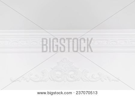 Stucco Elements On White Wall. Luxury Design With Mouldings. Beautiful Ornate White Decorative Plast