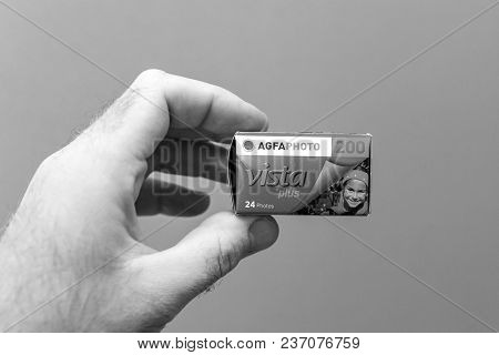 Paris, France - Mar 24, 2018: Man Holding Against Gray Background Agfa Photo Vista Plus 200 Color Ne