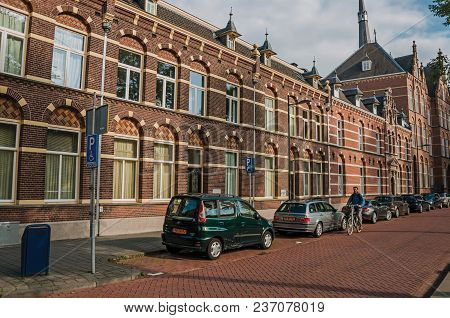 S-hertogenbosch, Southern Netherlands - July 01, 2017. Empty Street With Semidetached Brick Houses A