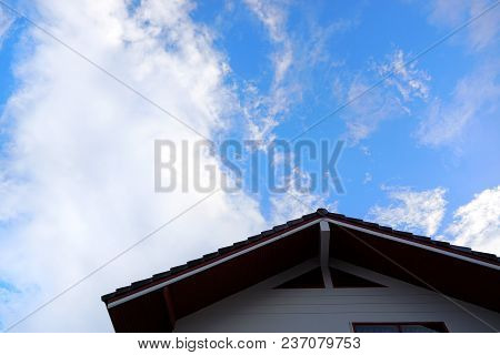 Looking Up Roof With Home On Blue Sky And Clouds, Beautiful Nature Blue Sky With Clouds, Cloudscape 