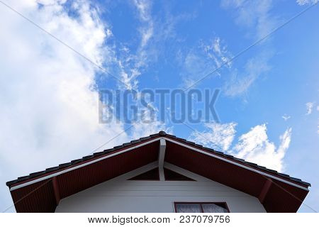 Looking Up Roof With Home On Blue Sky And Clouds, Beautiful Nature Blue Sky With Clouds, Cloudscape 