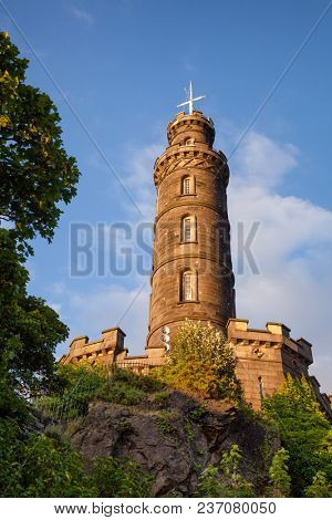 Vice Admiral Horatio Nelson Monument on top of Calton Hill in Edinburgh, Scotland, UK