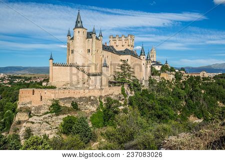 Segovia, Spain. The Famous Alcazar Of Segovia, Rising Out On A Rocky Crag, Built In 1120. Castilla Y