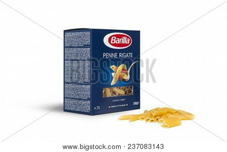Chisinau, Moldova - April 20, 2018: Barilla Penne Rigate Italian Pasta In A Box Isolated On White Ba