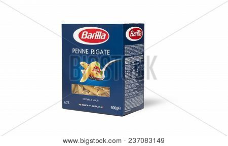 Chisinau, Moldova - April 20, 2018: Barilla Penne Rigate Italian Pasta In A Box Isolated On White Ba