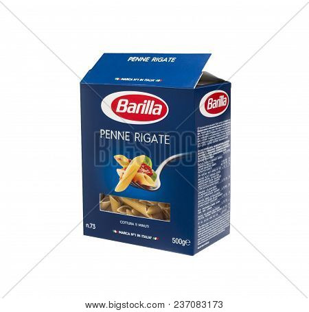 Chisinau, Moldova - April 20, 2018: Barilla Penne Rigate Italian Pasta In An Opened Box Isolated On 