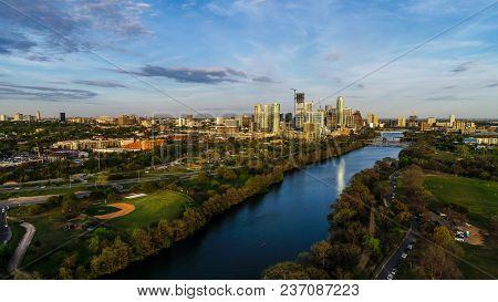 Sunset Hours At Golden Hour Austin , Texas , Usa Skyline Cityscape View Of The Amazing Downtown Towe