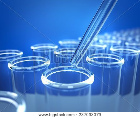 Glass Test Tubes Medical Blue Background. Chemestry Backdrop. 3D Illustration.