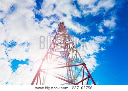 Inside View Of Telecommunication Tower With Panel Antennas And Radio Antennas And Satellite Dishes F