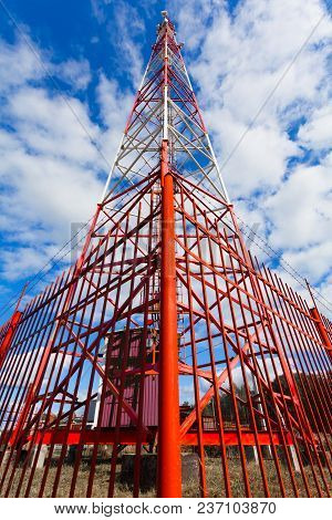 Telecommunication Tower With Panel Antennas And Radio Antennas And Satellite Dishes For Mobile Commu