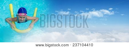 Child in swimming pool with sky transition