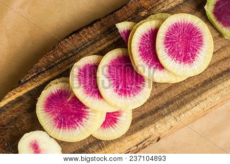 Freshly Harvested Organic Watermelon Radish On Wooden Background