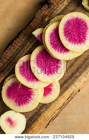 Freshly Harvested Organic Watermelon Radish On Wooden Background