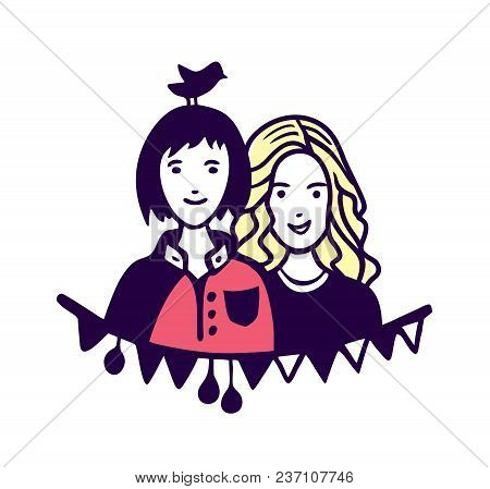 Cute Girls Vector, Girls Illustration. Love Cards, Wedding Invitation On White Background.