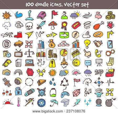 Vector Doodle Icons Set. Stock Cartoon Signs For Design.