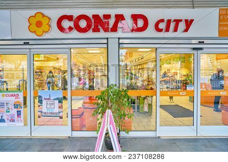 ROME, ITALY - CIRCA NOVEMBER 2017: Conad supermarket in Rome.