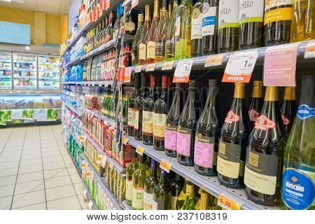 ROME, ITALY - CIRCA NOVEMBER 2017: shelves in Conad supermarket in Rome.