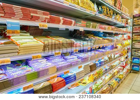 ROME, ITALY - CIRCA NOVEMBER 2017: stalls filled with chocolate products are seen in Conad supermarket in Rome.