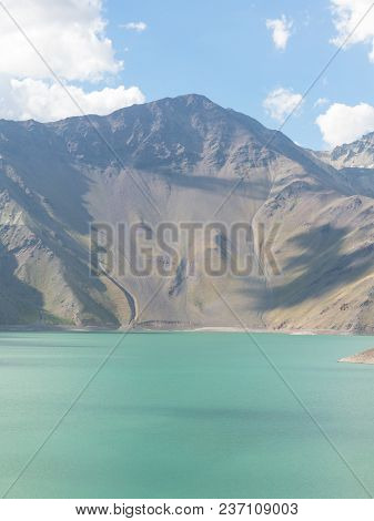 Mountains And Peaks Landscape. Lake Of Yeso. Cajon Del Maipo. Santiago Of Chile