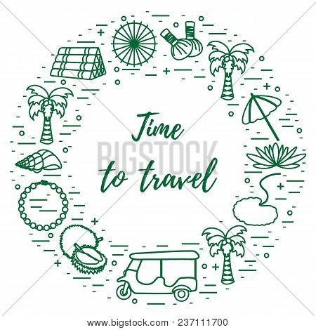 Vacation And Travel Elements Arranged In A Circle. Umbrella, Shell, Palm Tree, Lily, Tuk-tuk, Durian