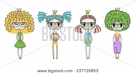 Hand Drawn Vector Illustration Of Four Kawaii Trendy Girls With Curly Hair, In Cute Dresses, T-shirt