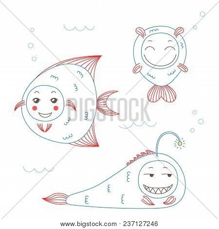 Hand Drawn Vector Illustration Of Funny Fish With Cute Faces With Different Expressions, Swimming In