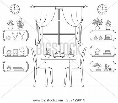 Vector Linear Interior Cafe. Outline Dining Room. Design Of A Room With Furniture And Details.