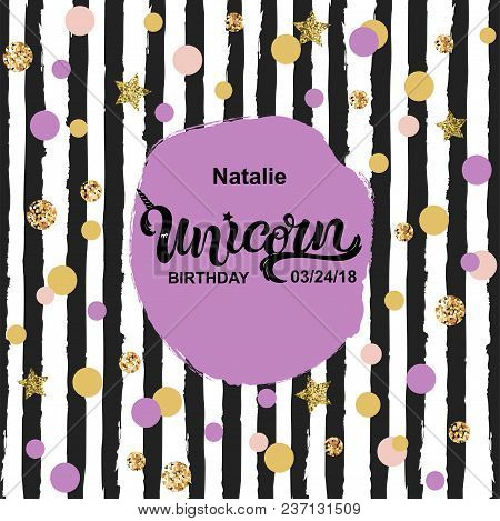 Unicorn Birthday Text Isolated On Striped Background. Hand Drawn Unicorn Lettering As Logotype, Badg