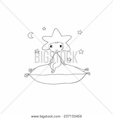A Boy Star Sits On A Pillow. Lovely Dwarf. A Cartoon Elf.
