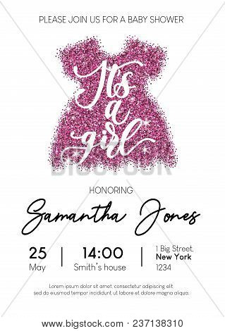 Baby Girl Shower Invitation Card With Pink Glittered Dress And Calligraphy. Minimalistic Elegance De