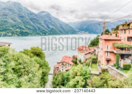 Defocused Background With Scenic Landscape Over The Lake Como, As Seen From The Town Of Bellano, Ita
