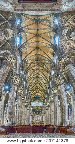 Panoramic View Inside The Gothic Cathedral Of Milan, Italy
